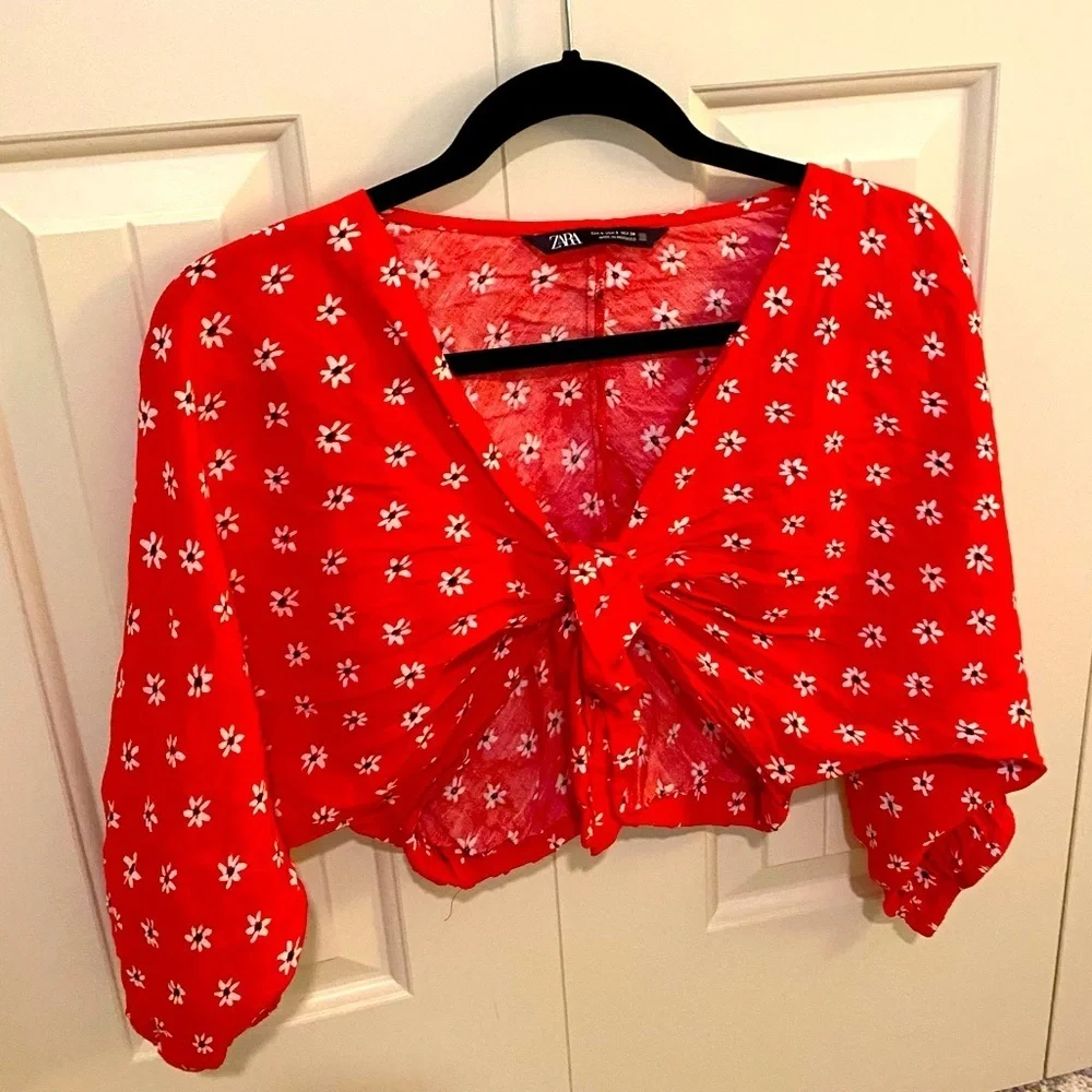 ZARA Red Floral Flowy Crop Top Shirt Tie Front Summer Beach Flirty Size Small - Picture 3 of 7